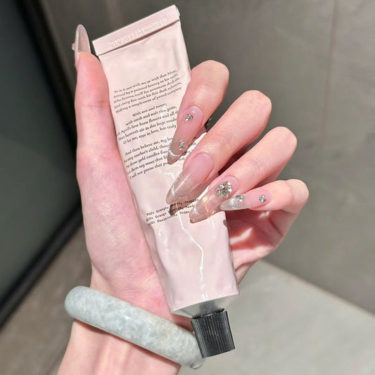 Glamorous Elegance Long Almond Beige Press On Nail Set with Sparkling Rhinestones