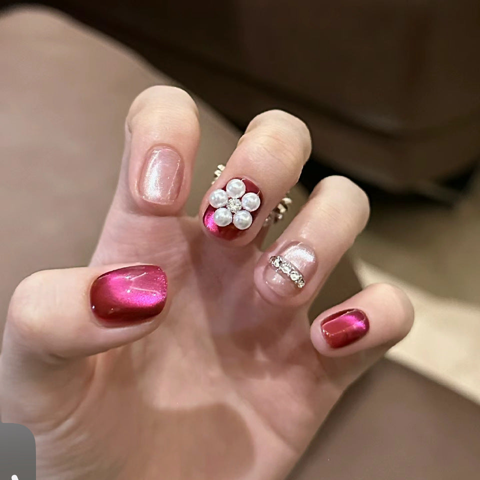 Floral Glamour Short Oval Glossy Ruby Red Press On Nail Set with Pearl Flower Accent