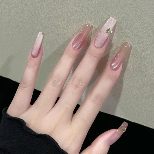 Glamorous Elegance Long Square Transparent Ombre Press On Nail Set with Sparkling Gold Accents