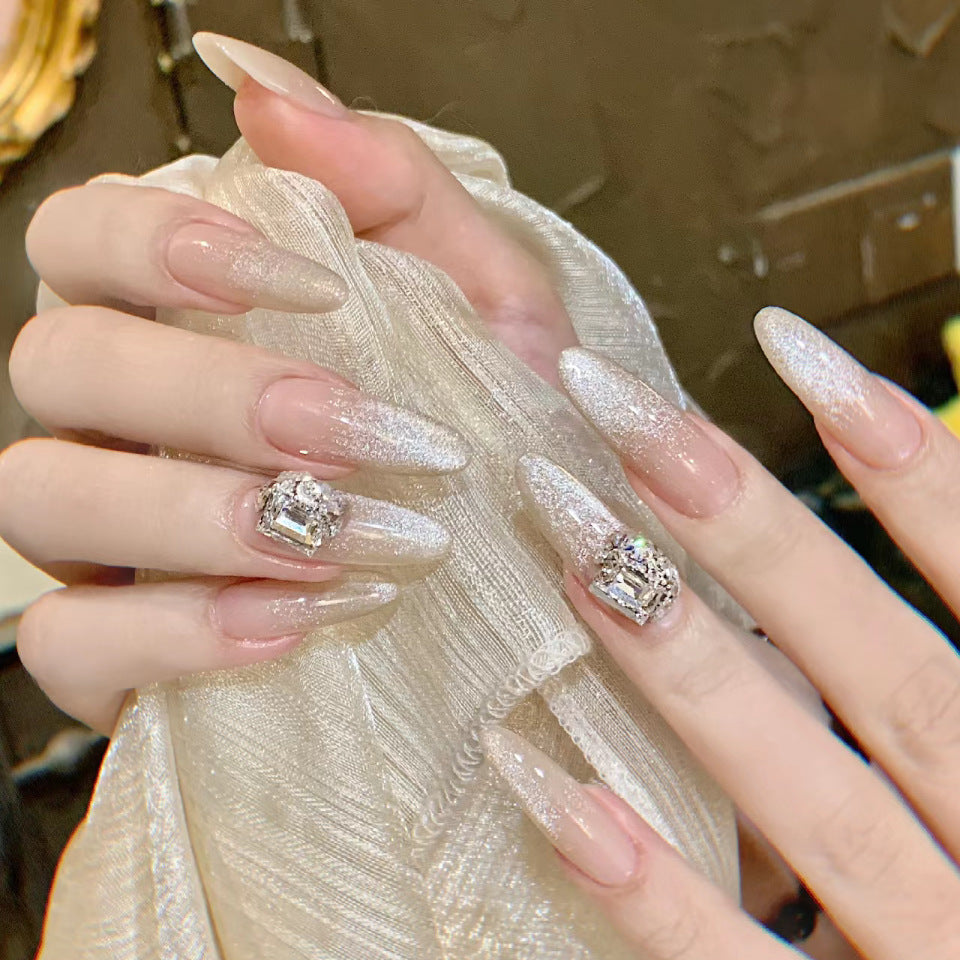 Glamorous Elegance Long Almond Shape Glittering Beige Press On Nail Set with Rhinestone Accent