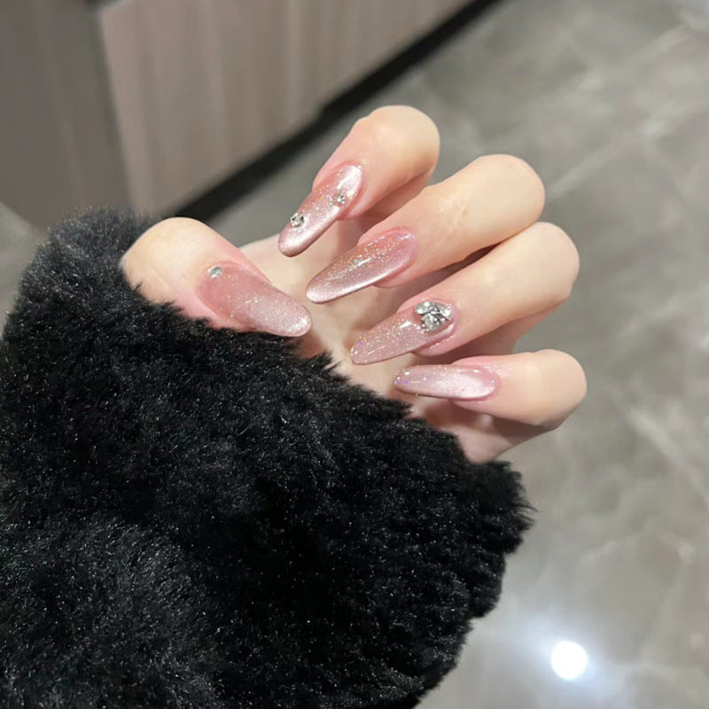 Glamorous Fairy Tale Long Stiletto Pink Glitter Press On Nail Set with Rhinestone Accents