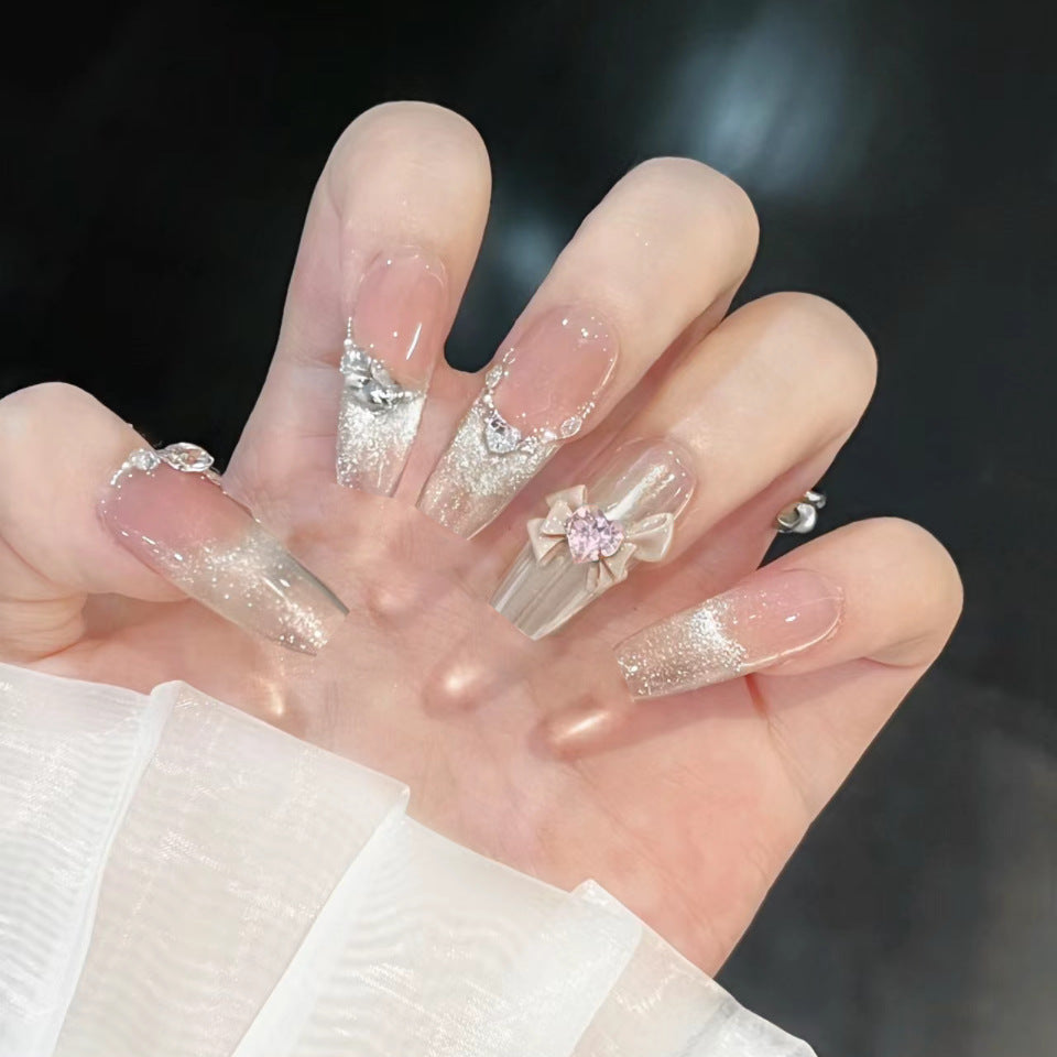 Elegant Glamour Extra Long Coffin Glitter Ombre Pink and Clear Nail Set with Charming Bow and Rhinestone Accents