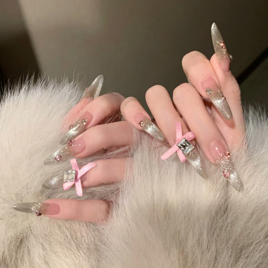 Glamorous Winter Wonderland Long Stiletto Press On Nails Silver Glitter Pink Bow and Gem Accents