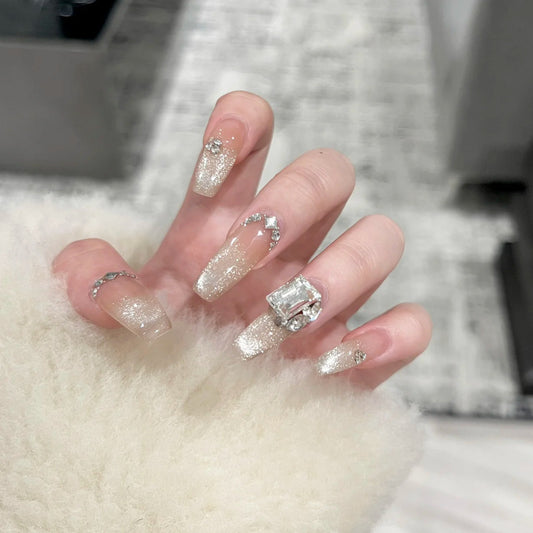 Glamorous Stardust Long Coffin Press On Nails in Sparkling Beige with Rhinestone Accents