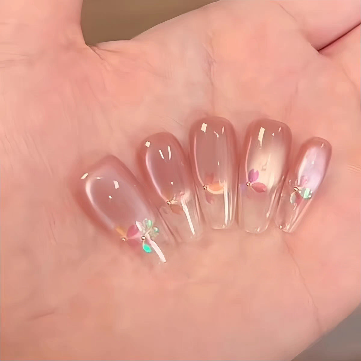 Floral Elegance Long Coffin Pink Press On Nail Set with Shimmering Flower Accents