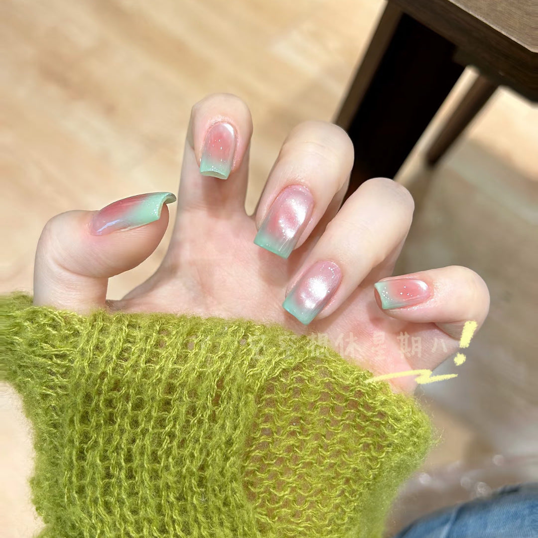 Whimsical Forest Long Coffin Green Ombre Press On Nail Set