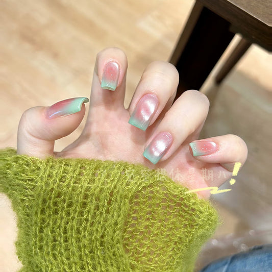 Whimsical Forest Long Coffin Green Ombre Press On Nail Set
