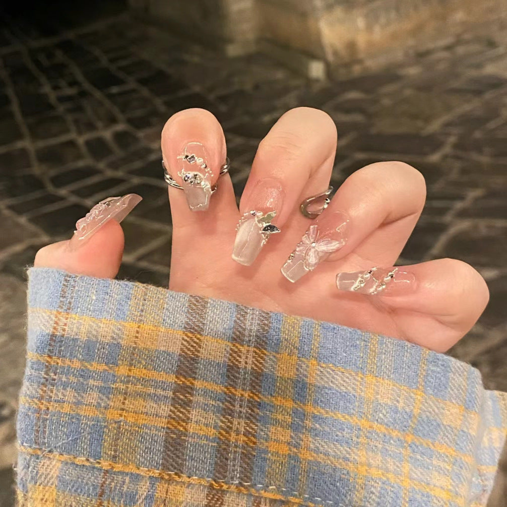 Mystical Garden Extra Long Coffin Clear Press On Nail Set with Butterfly and Pearl Accents