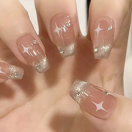 Glimmering Stardust Coffin Long Pink Press On Nail Set with Glitter Ombre and Crystals