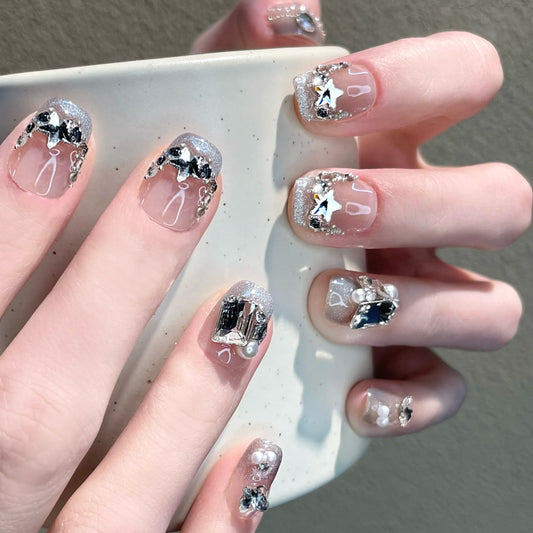 Celestial Glamour Short Square Transparent Silver Glitter with Sparkling Star Accents Press-On Nail Set