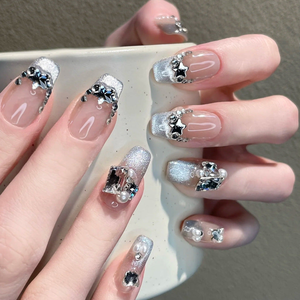 Celestial Elegance Extra Medium Coffin Clear and Silver with Glamorous Rhinestone Accents Press On Nail Set
