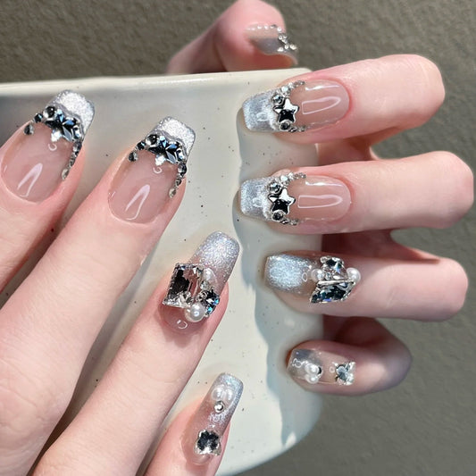 Celestial Elegance Extra Medium Coffin Clear and Silver with Glamorous Rhinestone Accents Press On Nail Set