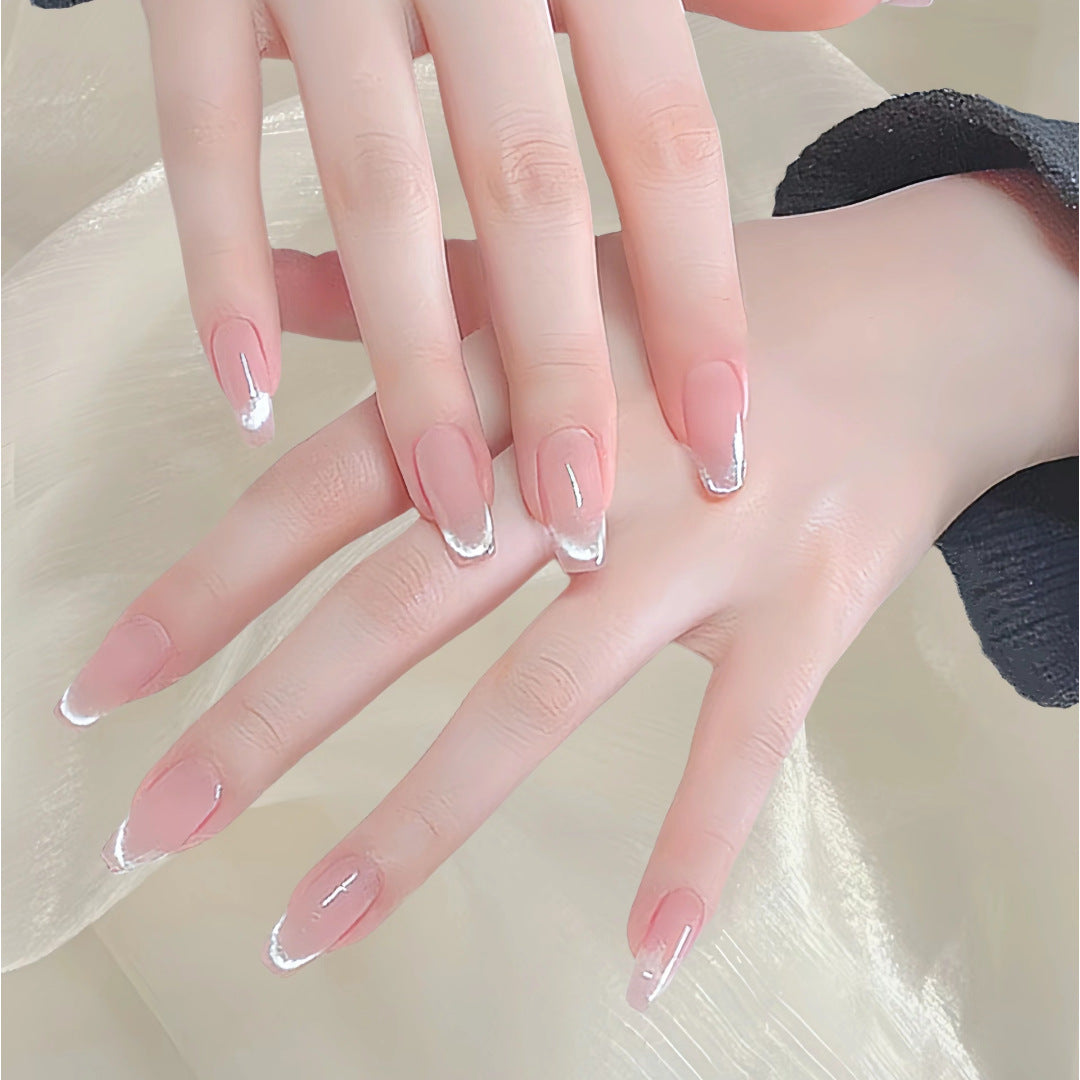 Elegant Blossom Medium Square Pink with Glitter French Tips Press On Nail Set