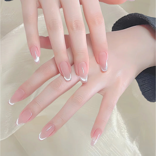 Elegant Blossom Medium Square Pink with Glitter French Tips Press On Nail Set