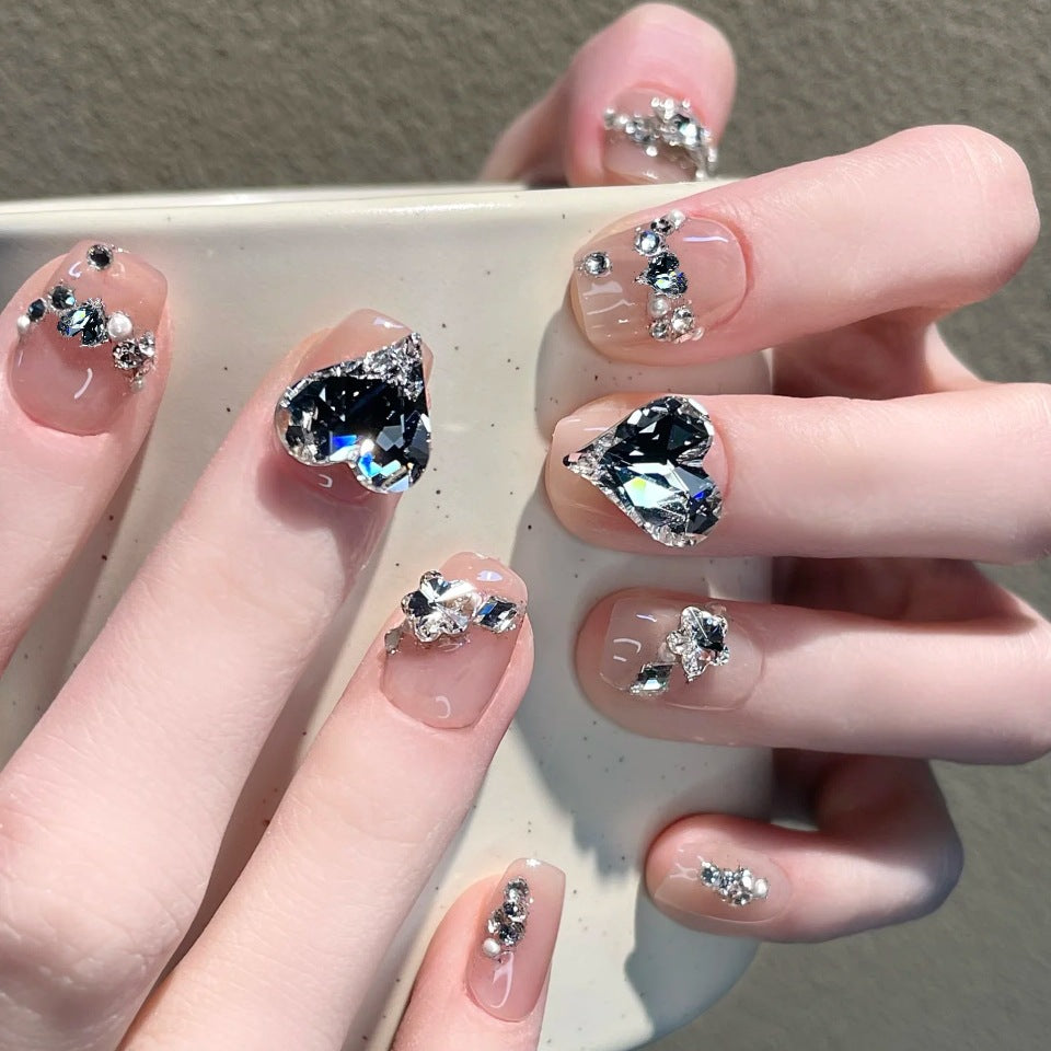 Glamorous Elegance Short Square Transparent Nails with Stunning Crystal Accents