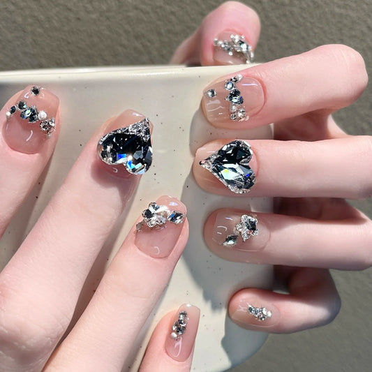 Glamorous Elegance Short Square Transparent Nails with Stunning Crystal Accents