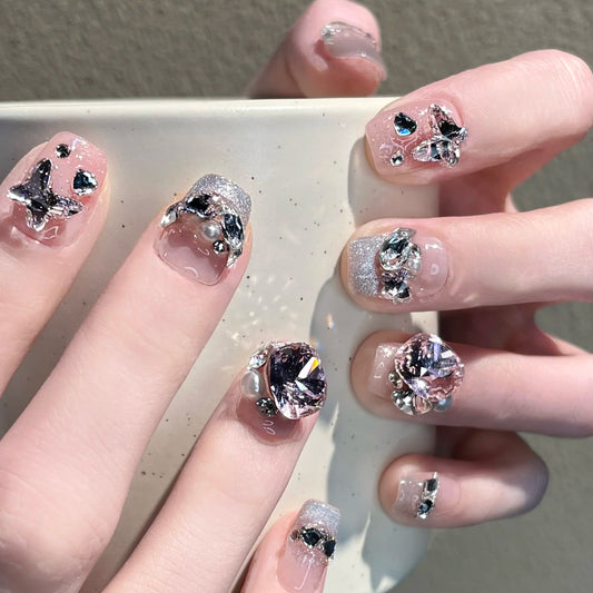Enchanting Elegance Short Square Clear with Glittering Gemstones Press-On Nail Set