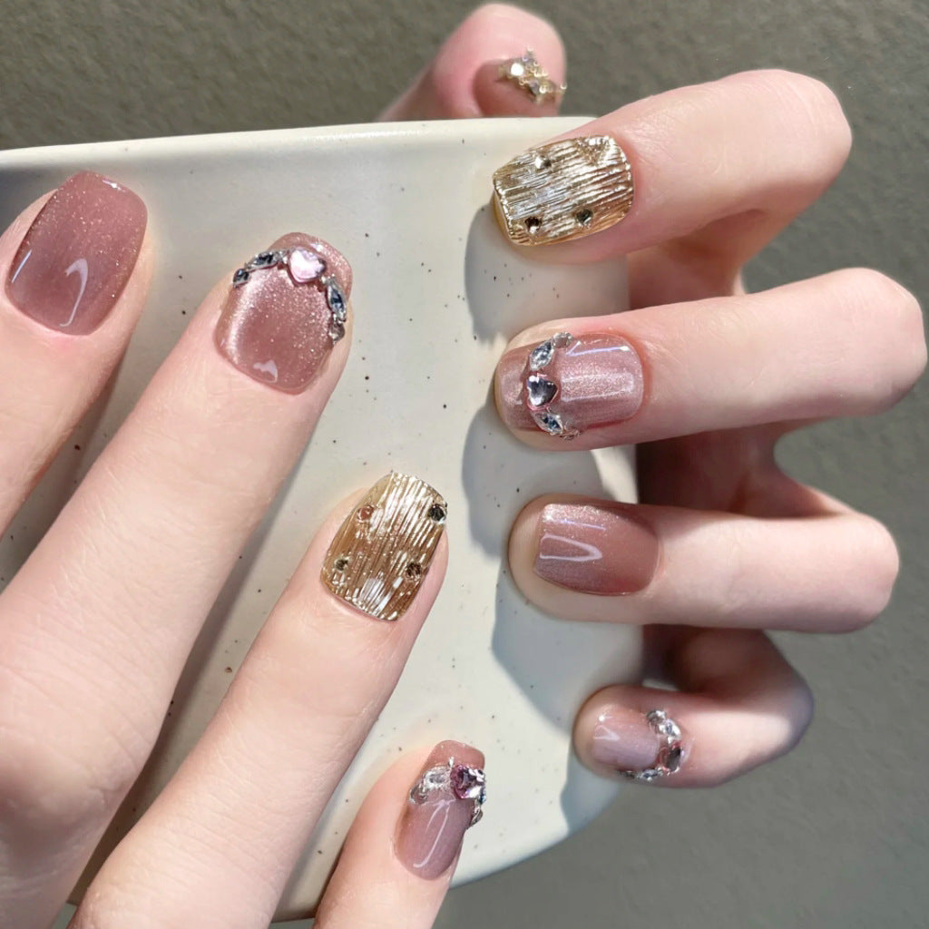 Chic Elegance Short Square Natural Pink with Shimmering Gold Accents and Unique Textured Design Press On Nail Set