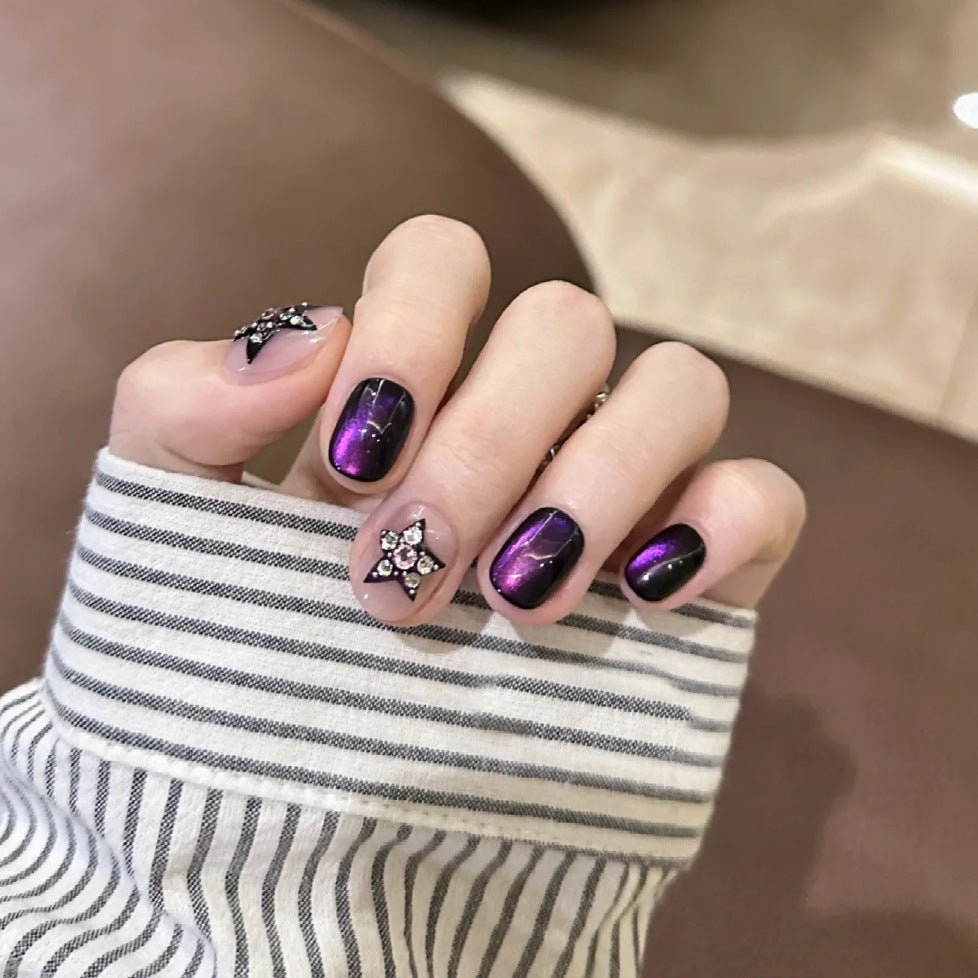 Celestial Dreams Short Round Purple Gradient Nails with Sparkling Star Accents