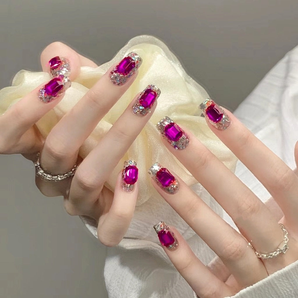 Glamorous Dreamy Magenta Medium Square Press On Nail Set with Stunning Gemstone Accents