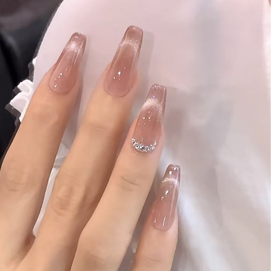 Glamorous Dreamy Ombre Long Coffin Beige Press On Nail Set with Sparkling Rhinestone Accent