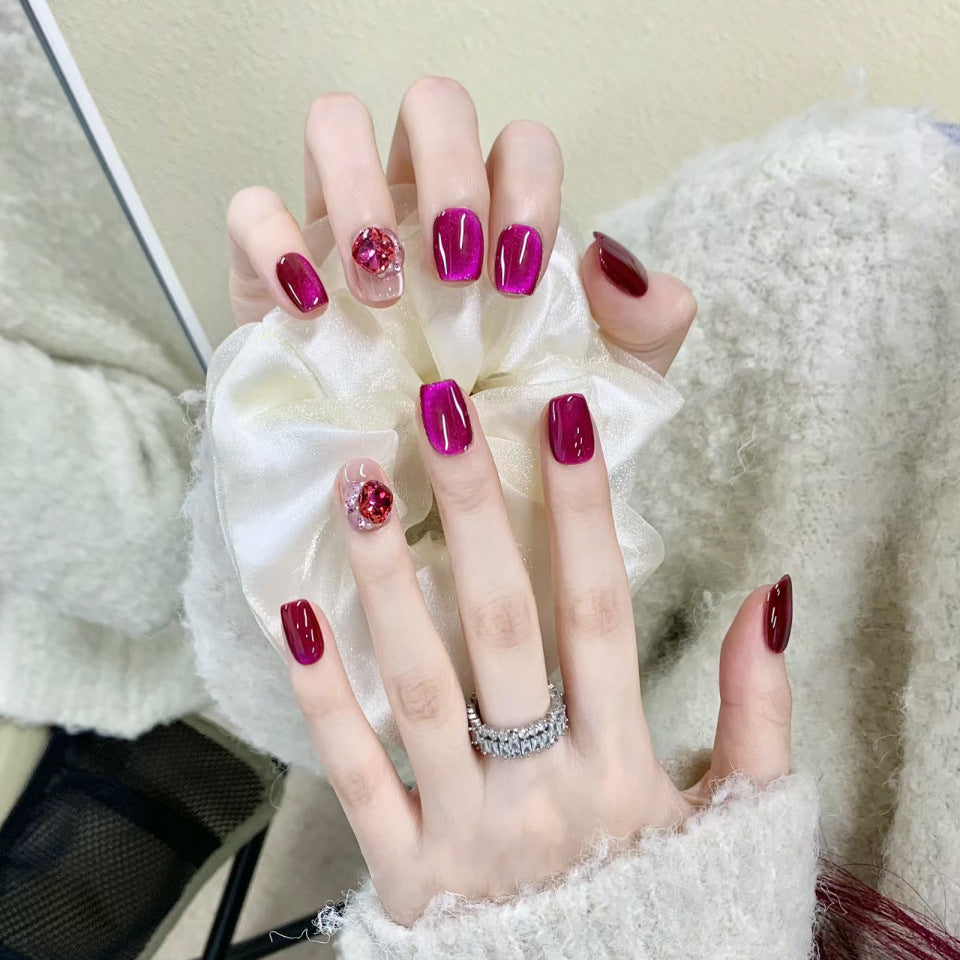 Glamorous Jewel Inspired Medium Square Burgundy and Pink Press On Nail Set with Sparkling Accent Design