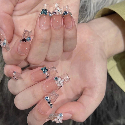 Enchanted Garden Long Coffin Clear with Floral Accents Press On Nail Set