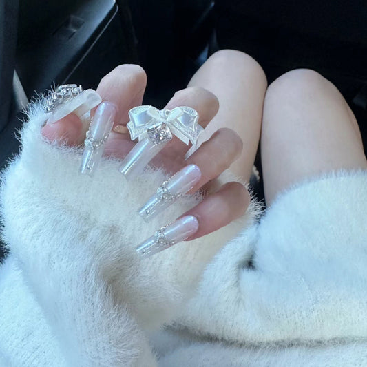Chic Elegance Long Square Clear Nails with Charming Bow Detail