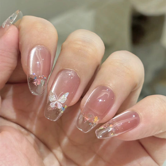 Whimsical Garden Fantasy Medium Coffin Clear Press On Nail Set with Floral and Butterfly Accents