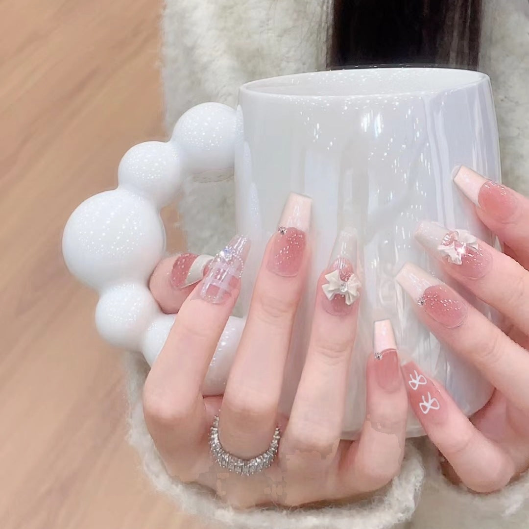 Chic Blossom Radiance Long Coffin Pink Transparent Nails with Floral Accents and Glittering Gems