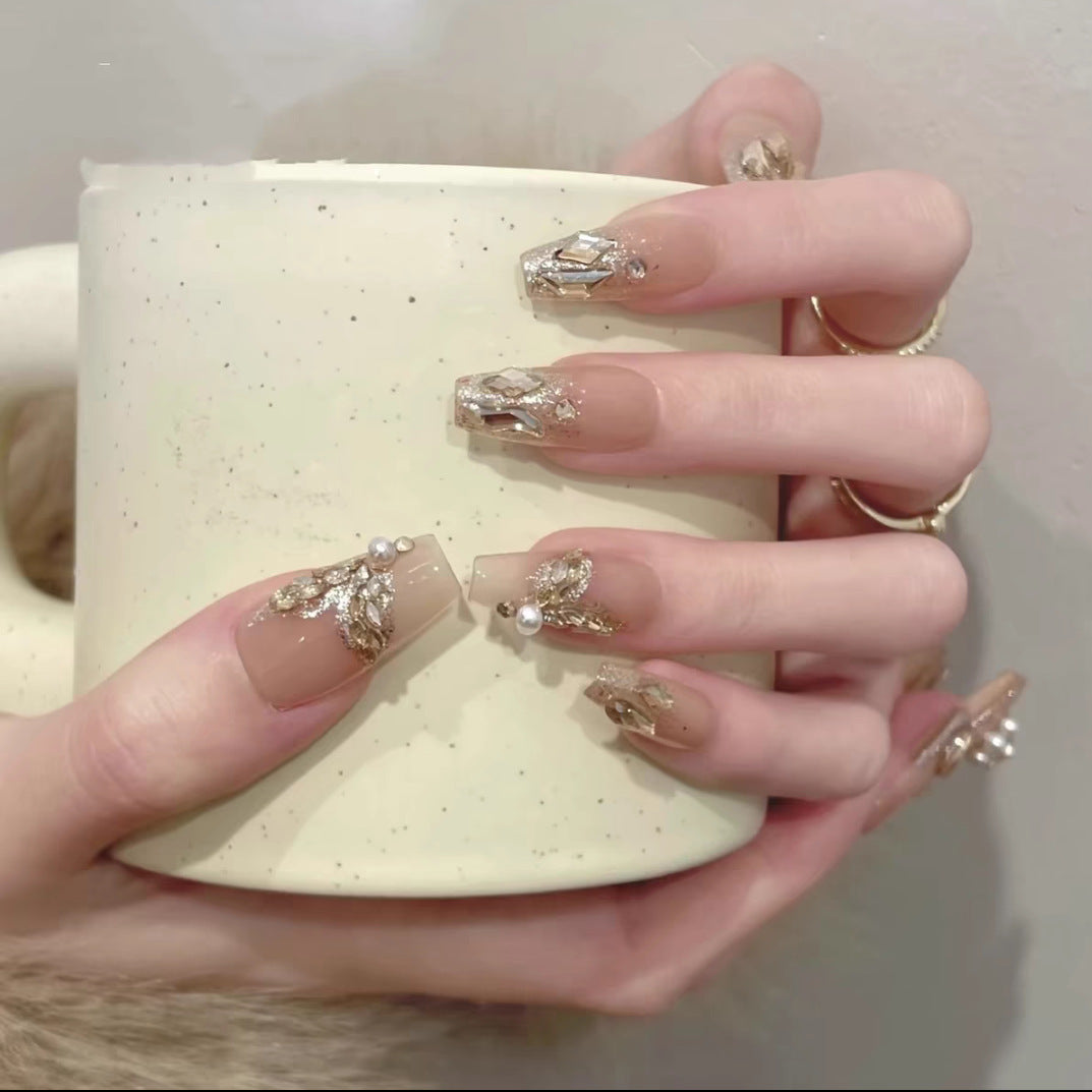 Glamorous Elegance Long Coffin Fake Nails in Beige with Stunning Gemstone Accents