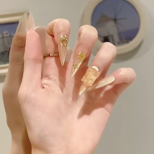 Ocean Breeze Elegant Long Stiletto Length Translucent Gold Leaf Floral Design Press On Nail Set