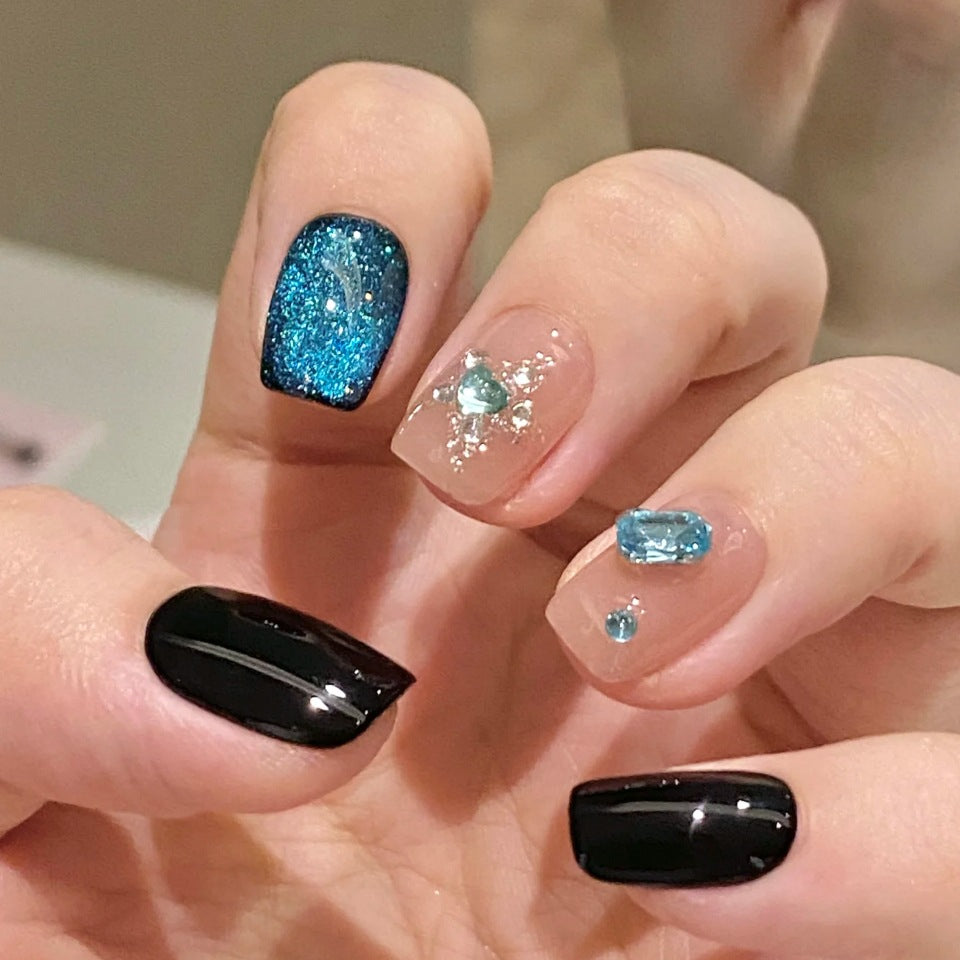 Celestial Dream Press on Nail Set Short Square Black and Blue With Sparkling Gemstone Accents