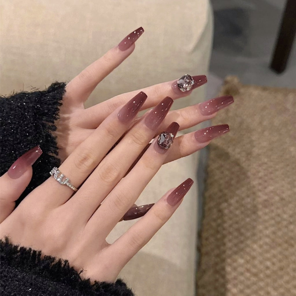Glamorous Midnight Elegance Long Coffin Shaped Burgundy with Dazzling Gem Accents Press On Nail Set
