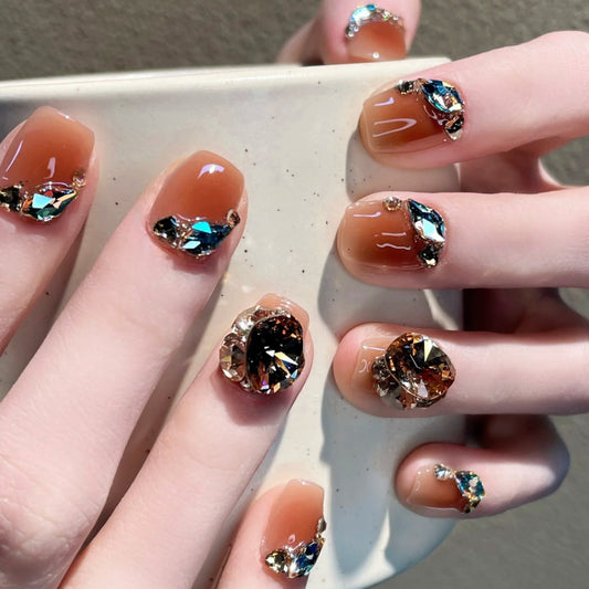 Celestial Elegance Short Square Caramel Glow with Iridescent Gem Accents Nail Set