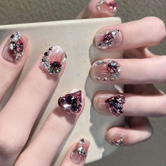 Enchanting Elegance Short Square Blush Pink with Dazzling Gemstone Accents Press On Nail Set