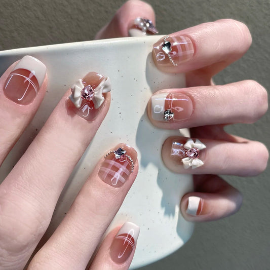 Chic Elegance Short Square Glossy Pink Press On Nail Set with Charming Floral Accents