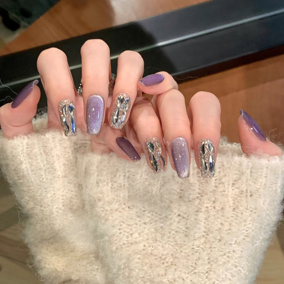 Whimsical Elegance Long Coffin Purple Glitter Press On Nail Set with Unique Gemstone Accents