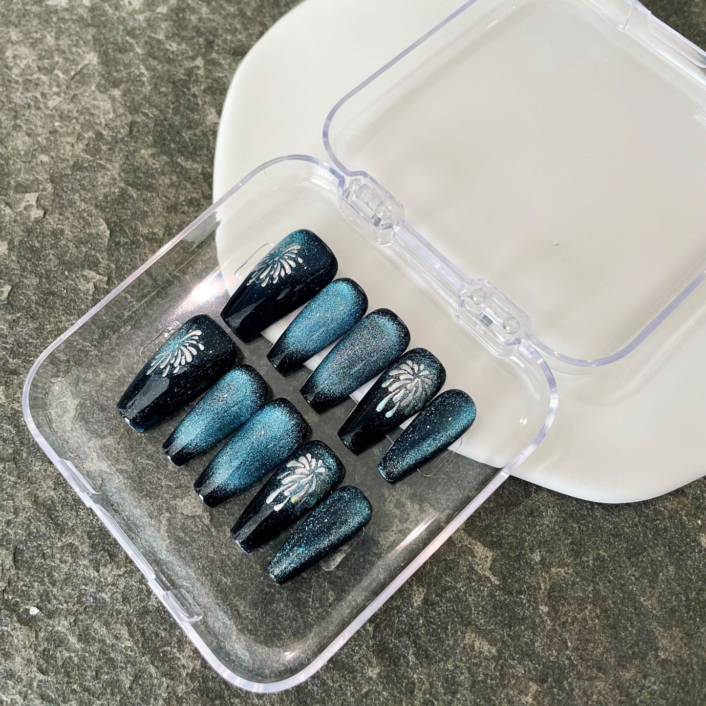 Tropical Breeze 10 Long Coffin Shaped Blue Gradient Press On Nail Set with Glitter and Palm Tree Design