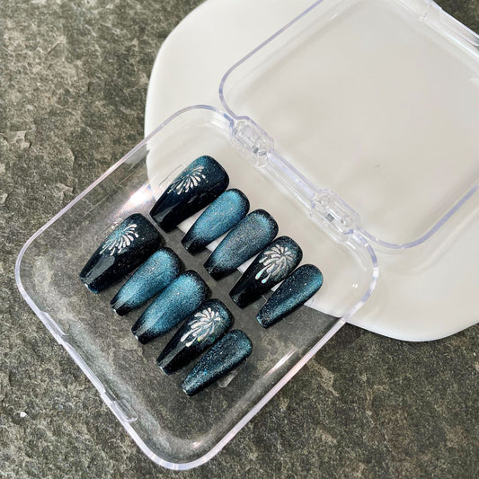 Tropical Breeze 10 Long Coffin Shaped Blue Gradient Press On Nail Set with Glitter and Palm Tree Design