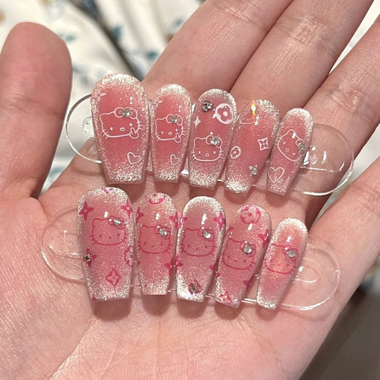 Cute Kitty Paradise Long Coffin Pink Press On Nail Set with Glitter and Adorable Character Designs