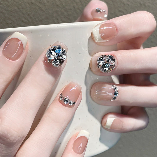 Glamorous Elegance Short Square Transparent with Stunning Rhinestone Accents Press on Nail Set