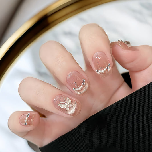 Whimsical Butterfly Inspired Short Square Beige Press On Nail Set with Sparkling Pearl Accents