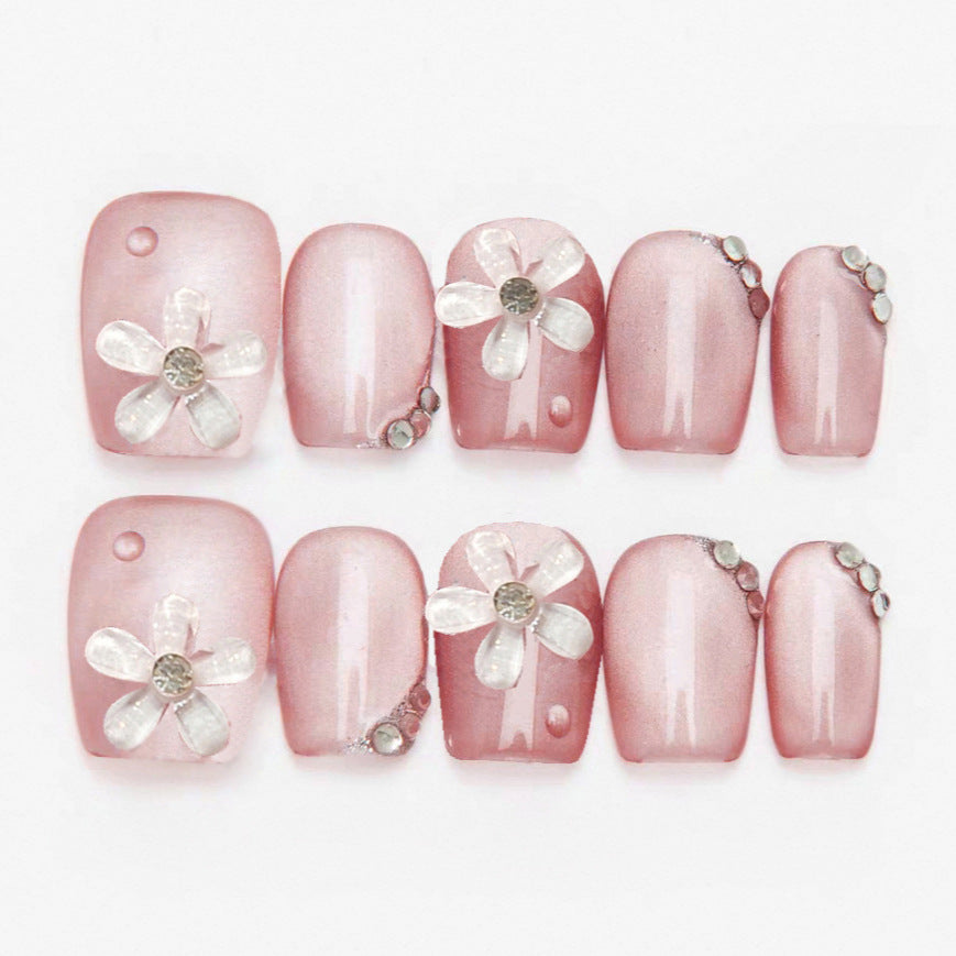 Blossom Elegance Short Square Shaped Pink Press On Nail Set with Floral Design and Gem Accents