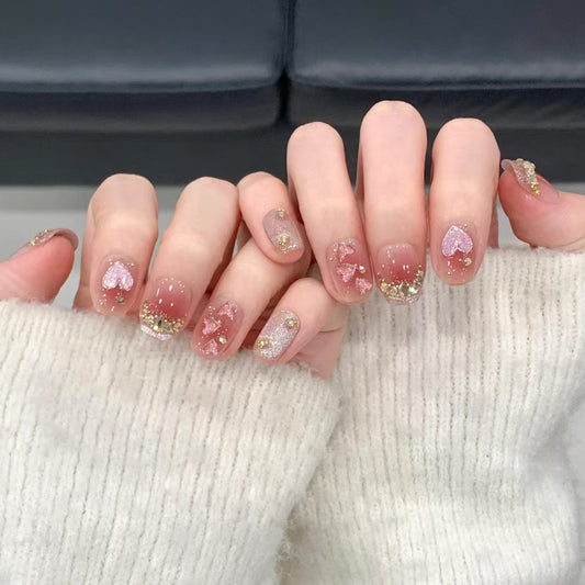 Whimsical Love Heart Press On Nail Set Short Square Soft Pink with Glittering Heart Accents