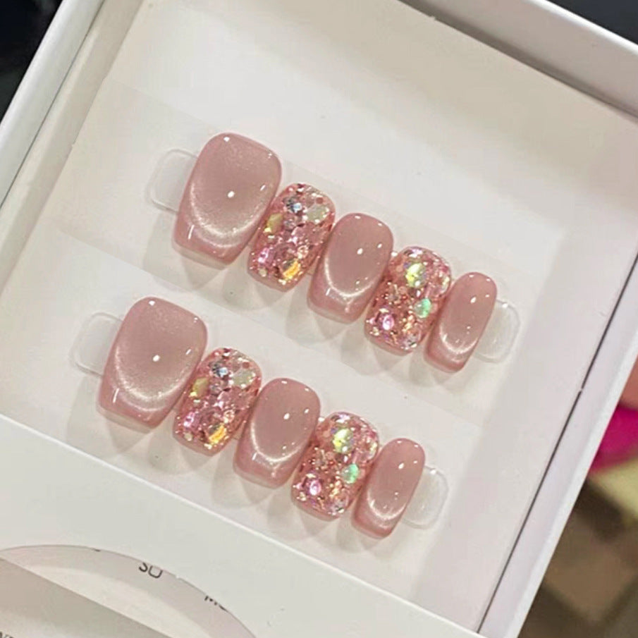 Fairy Tale Glamour Short Square Pink with Sparkling Glitter Accents Press-On Nail Set