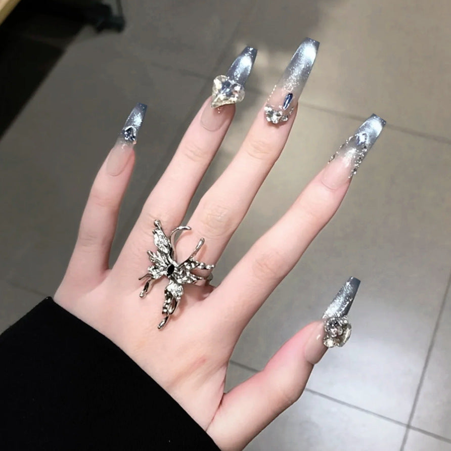 Enchanting Elegance Long Coffin Ombre Silver Press On Nail Set with Stunning Glitter Accents