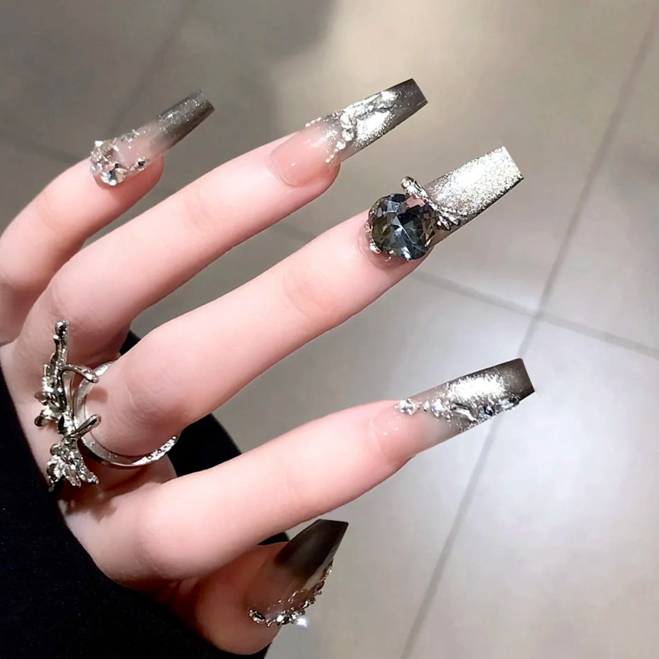 Glamorous Midnight Coffin Glitter Ombre Long Press On Nail Set with Rhinestone Accent
