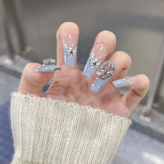 Celestial Dream Long Coffin Light Blue with Glittering Accent Stones Press On Nail Set