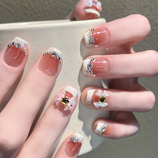Elegant Garden Inspiration Glossy Short Coffin Pink Floral Press-On Nail Set with Crystal Accents
